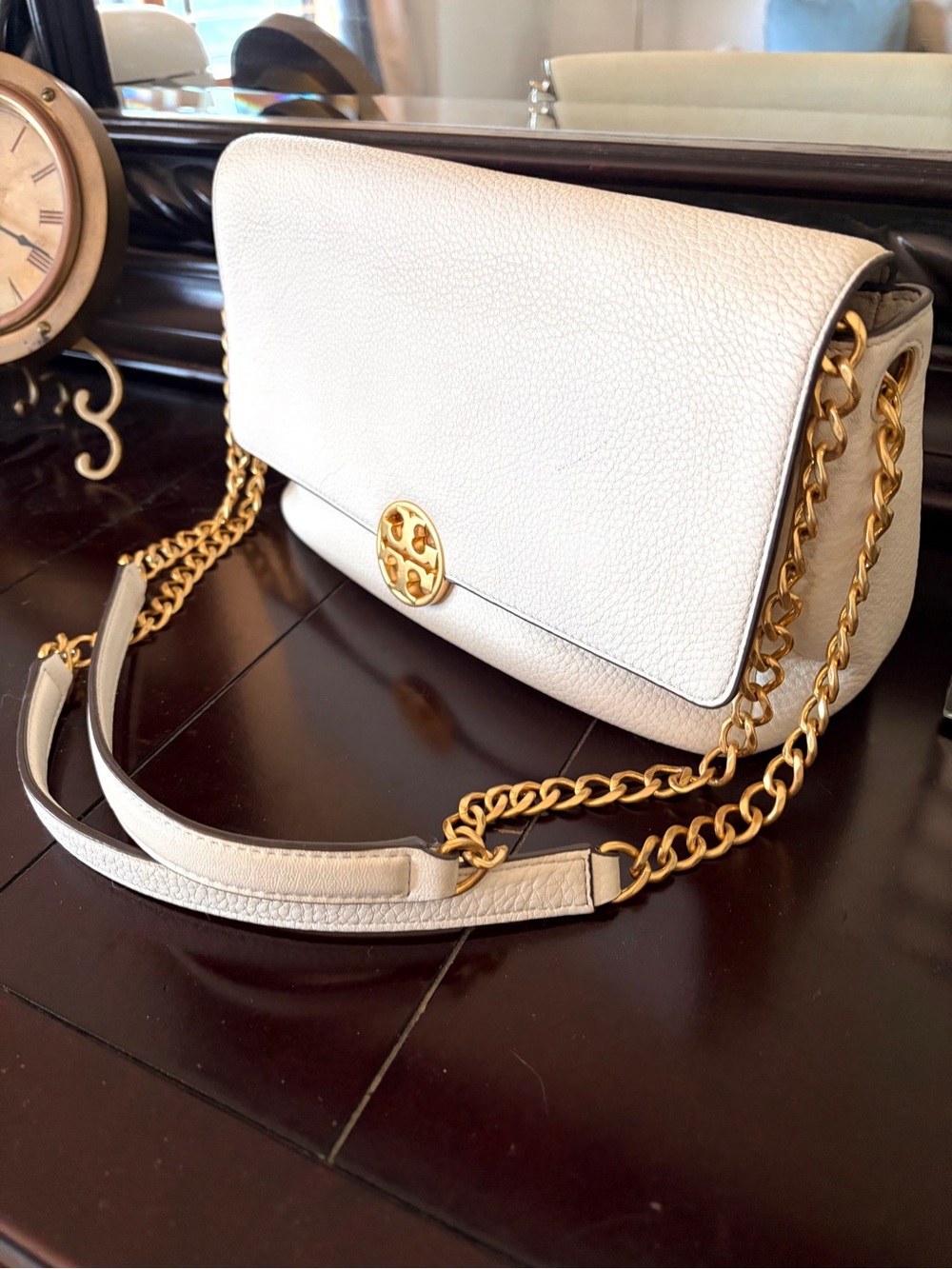 Tory Burch Off-White Leather adjustable Chain Crossbody with Gold Hardware